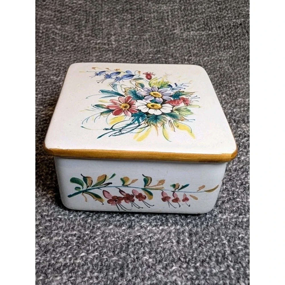 Vintage KV Ker-Vitrel Ceramic Trinket Box France Hand Painted Floral Square